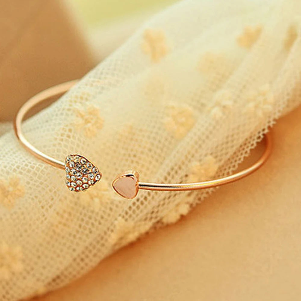 Open Cuff Double Hearted Crystal Bracelet