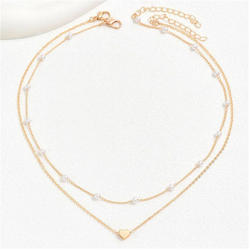 Simple Pearl Choker Necklace with Heart Shaped Pendant Chain