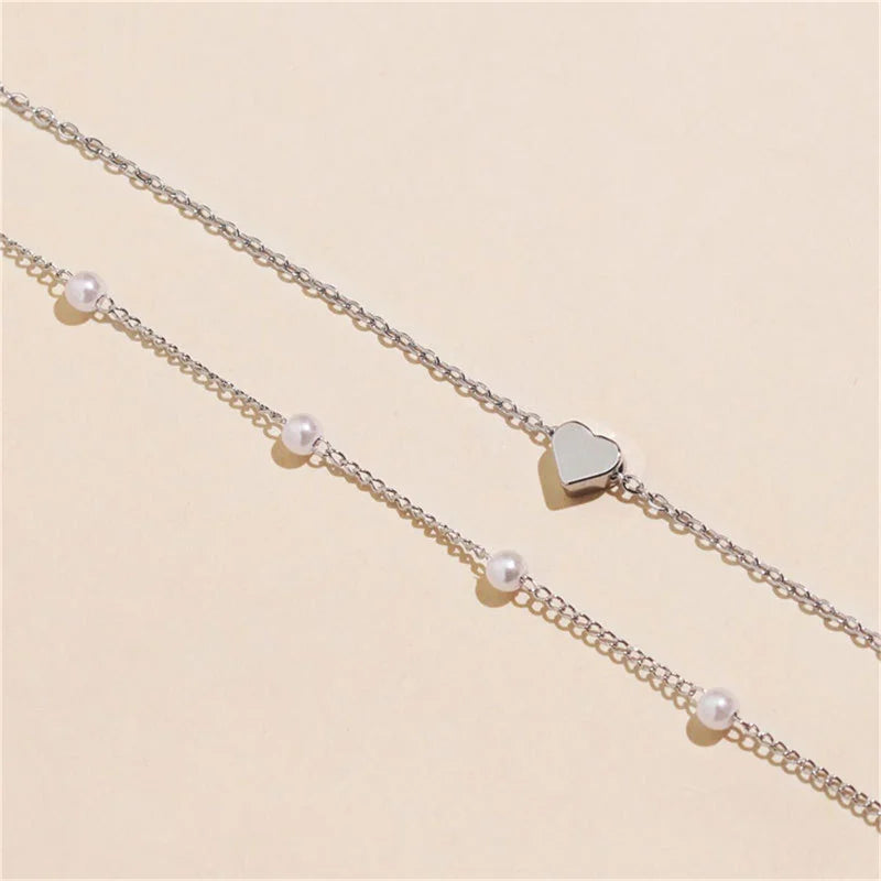 Simple Pearl Choker Necklace with Heart Shaped Pendant Chain