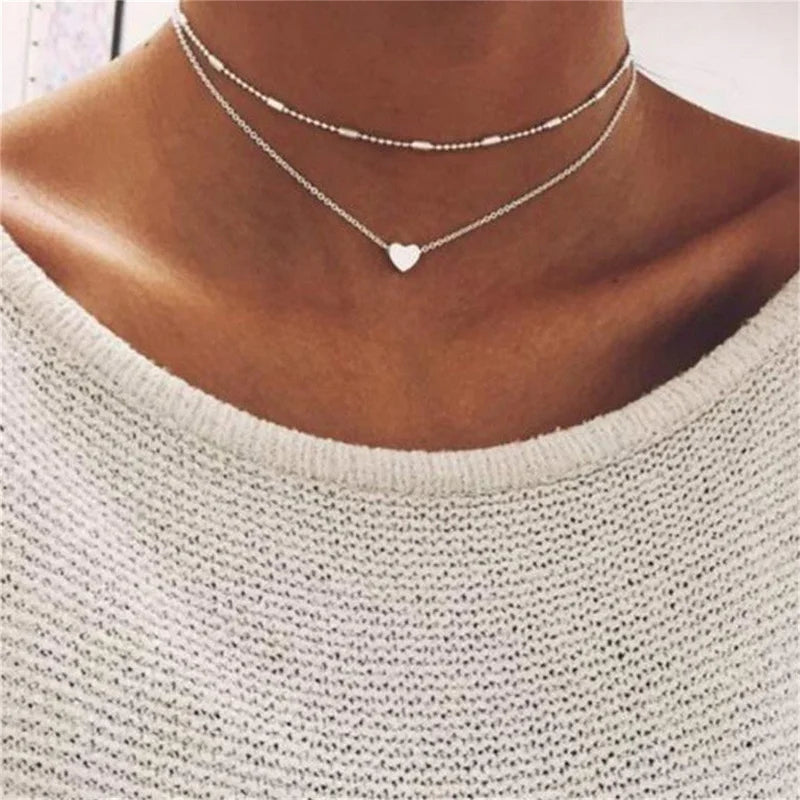 Simple Pearl Choker Necklace with Heart Shaped Pendant Chain