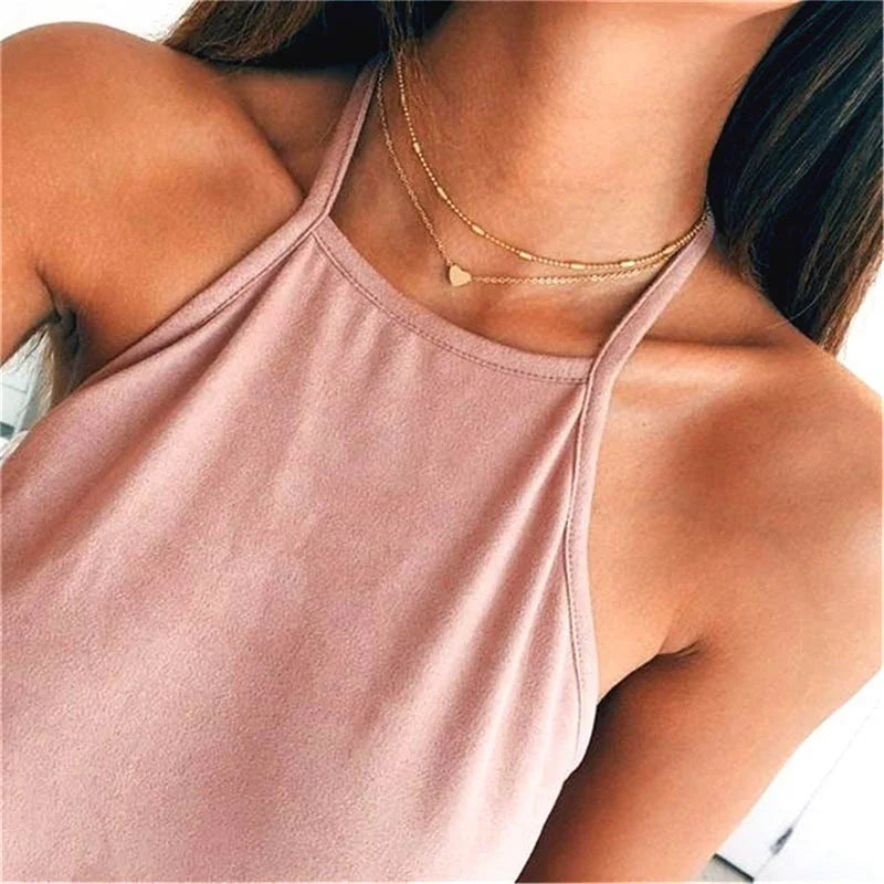 Simple Pearl Choker Necklace with Heart Shaped Pendant Chain