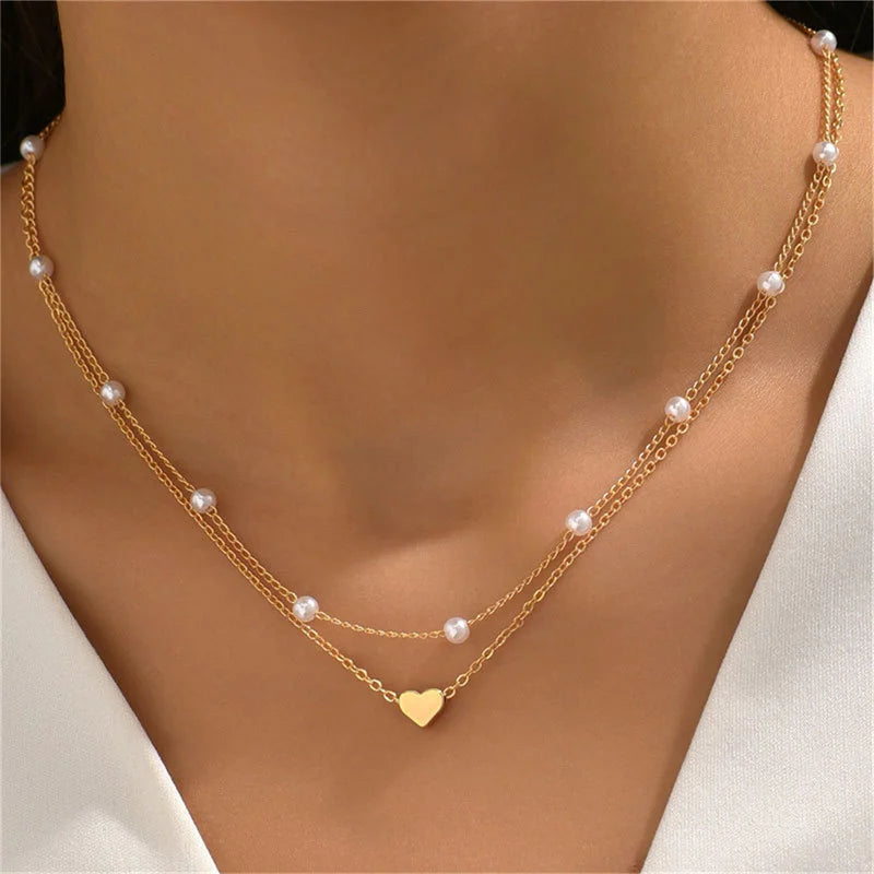 Simple Pearl Choker Necklace with Heart Shaped Pendant Chain